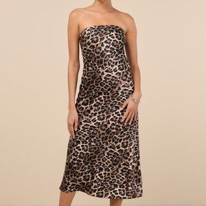 Lulus Effortless Bliss Leopard Satin Strapless Cowl Back Midi Dress Brown